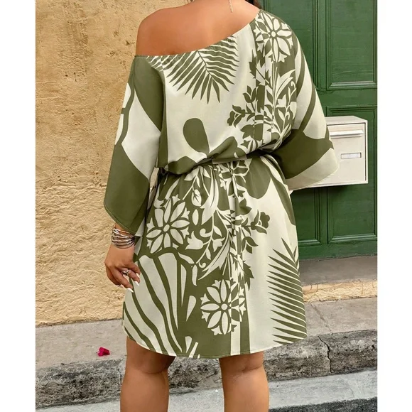 Plus Tropical Print One Shoulder Belted Batwing Sleeve Dress - Picture 7 of 9